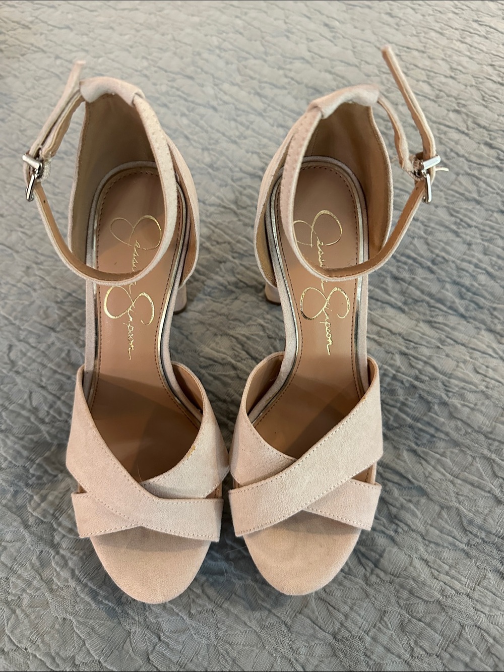 Jessica Simpson Blush Suede Cross-Strap Ankle Strap Heels